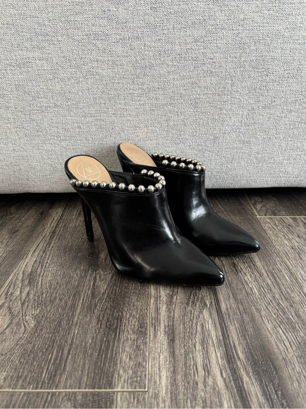 Black Pointed-Toe Silver Pearl Trim High Heel Mules